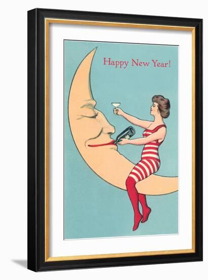 Happy New Year, Woman and Smiling Moon-null-Framed Art Print