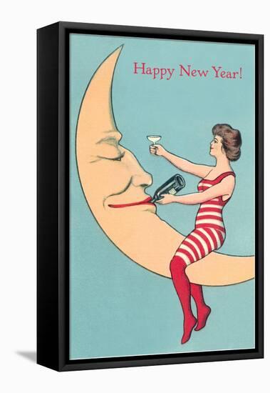 Happy New Year, Woman and Smiling Moon-null-Framed Stretched Canvas