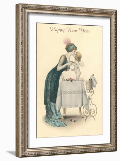 Happy New Year, Woman Kissing Cherub-null-Framed Art Print
