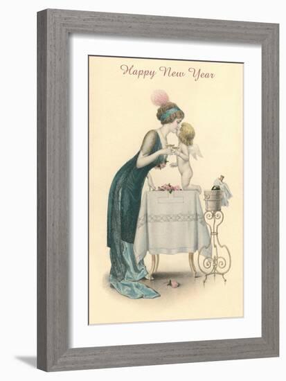 Happy New Year, Woman Kissing Cherub-null-Framed Art Print