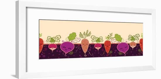 Happy Root Vegetables Horizontal Seamless Pattern Background-Oksancia-Framed Art Print