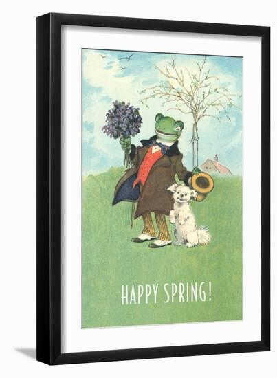 Happy Spring, Dressed Frog and Dog-null-Framed Art Print