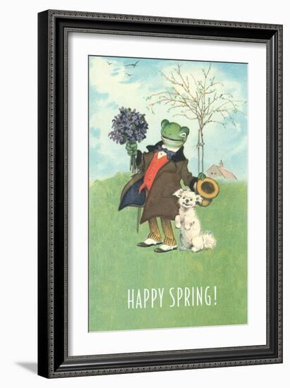 Happy Spring, Dressed Frog and Dog-null-Framed Art Print