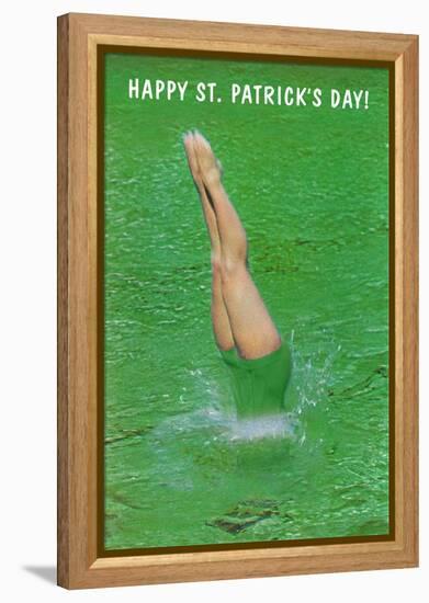 Happy St. Patrick's Day, Woman Diving into Green-null-Framed Stretched Canvas