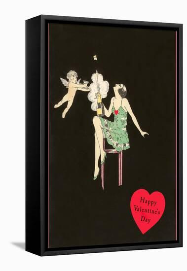 Happy Valentines Day, Flapper Popping Champagne Bottle-null-Framed Stretched Canvas