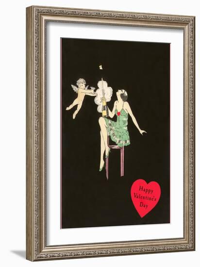 Happy Valentines Day, Flapper Popping Champagne Bottle-null-Framed Art Print