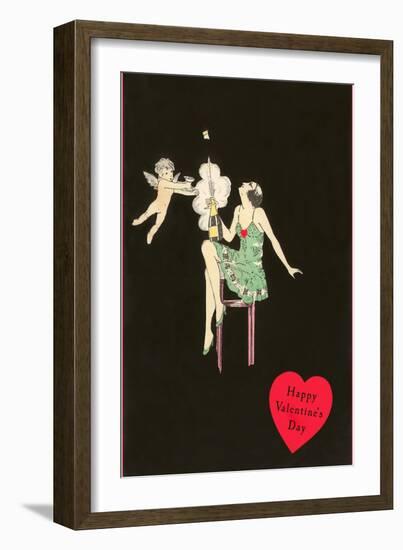 Happy Valentines Day, Flapper Popping Champagne Bottle-null-Framed Art Print