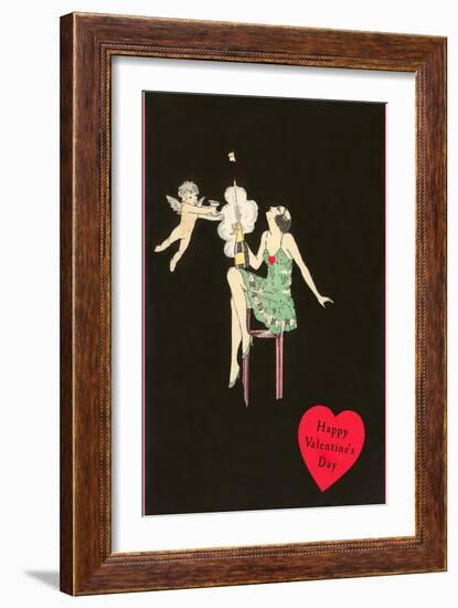 Happy Valentines Day, Flapper Popping Champagne Bottle-null-Framed Art Print