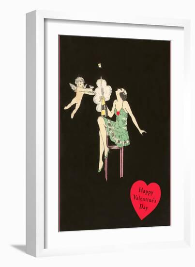 Happy Valentines Day, Flapper Popping Champagne Bottle-null-Framed Art Print