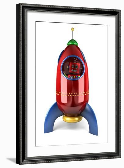 Happy Vintage Toy Robot Waving from inside a Toy Rocket over White Background-badboo-Framed Art Print