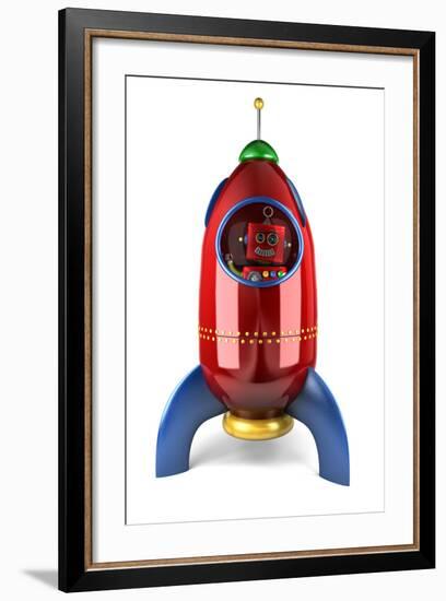 Happy Vintage Toy Robot Waving from inside a Toy Rocket over White Background-badboo-Framed Art Print