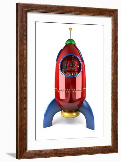 Happy Vintage Toy Robot Waving from inside a Toy Rocket over White Background-badboo-Framed Art Print