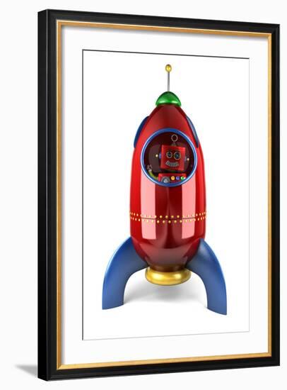 Happy Vintage Toy Robot Waving from inside a Toy Rocket over White Background-badboo-Framed Art Print