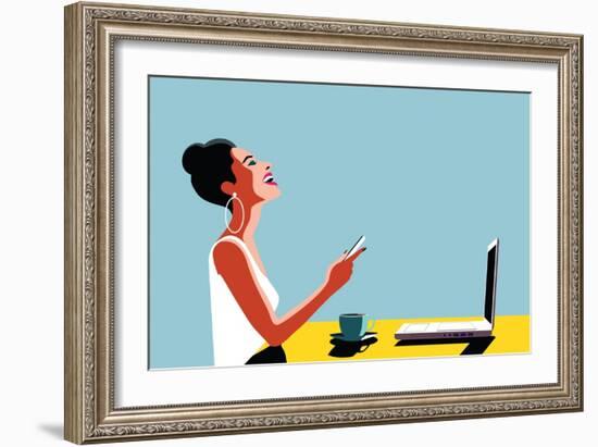 Happy Young Beautiful Woman Using Smartphone and Laptop, Indoors. Retro Vintage Illustration, Pop A-ralwel-Framed Art Print