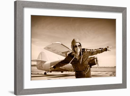 Happy Young Woman with Raised Hands  Flying on Airporte, Sepia Photo.-Aleksandar Todorovic-Framed Art Print