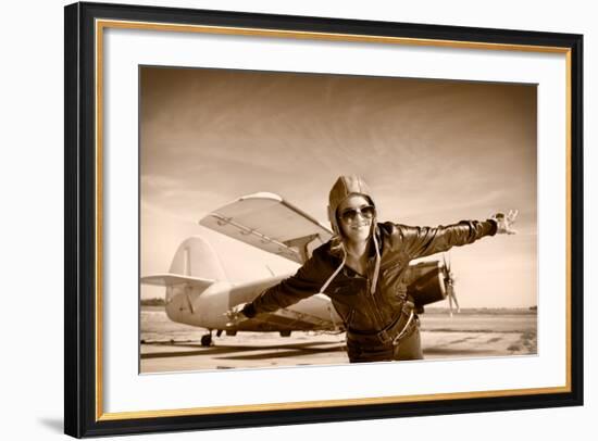 Happy Young Woman with Raised Hands  Flying on Airporte, Sepia Photo.-Aleksandar Todorovic-Framed Art Print