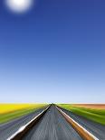 Train Race Towards a Green Light on the Horizon, Blue Sky, Perspective of the Engineer-Harald Schšn-Photographic Print