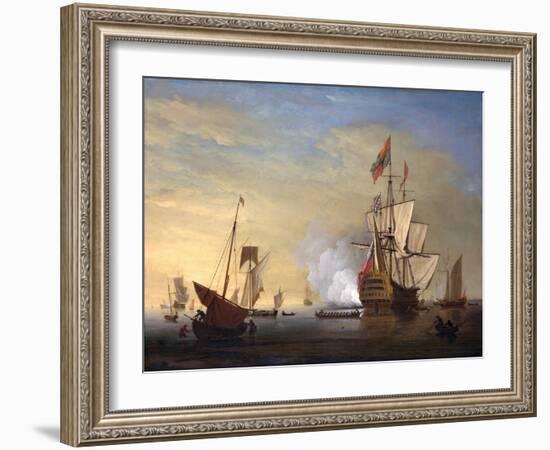 Harbor Scene: an English Ship with Sails Loosened Firing a Gun-Peter Monamy-Framed Giclee Print