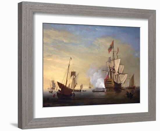 Harbor Scene: an English Ship with Sails Loosened Firing a Gun-Peter Monamy-Framed Giclee Print