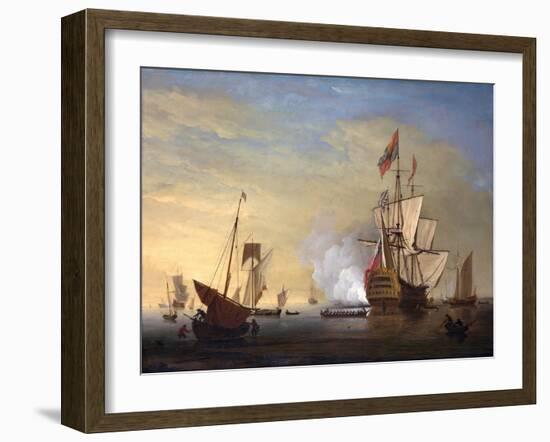 Harbor Scene: an English Ship with Sails Loosened Firing a Gun-Peter Monamy-Framed Giclee Print