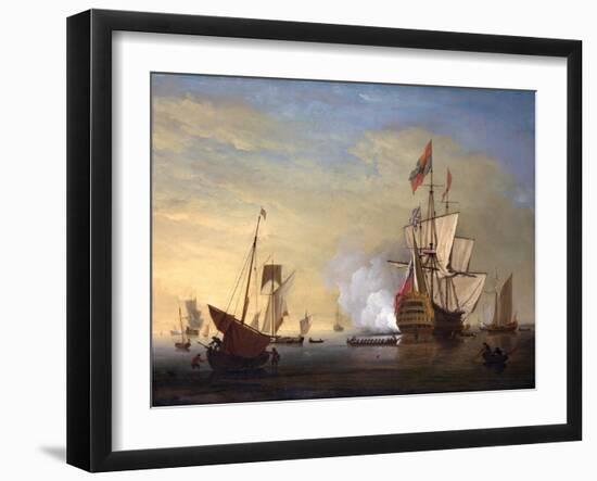 Harbor Scene: an English Ship with Sails Loosened Firing a Gun-Peter Monamy-Framed Giclee Print