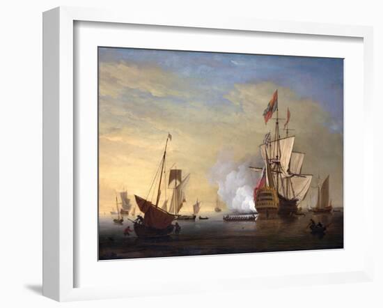 Harbor Scene: an English Ship with Sails Loosened Firing a Gun-Peter Monamy-Framed Giclee Print