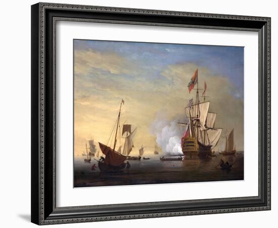 Harbor Scene: an English Ship with Sails Loosened Firing a Gun-Peter Monamy-Framed Giclee Print