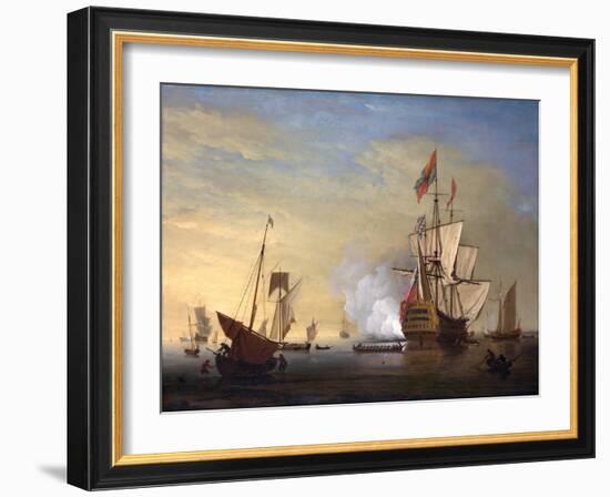 Harbor Scene: an English Ship with Sails Loosened Firing a Gun-Peter Monamy-Framed Giclee Print