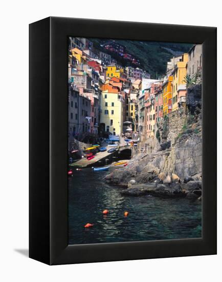 Harbor View of Hillside Town of Riomaggiore, Cinque Terre, Italy-Julie Eggers-Framed Premier Image Canvas