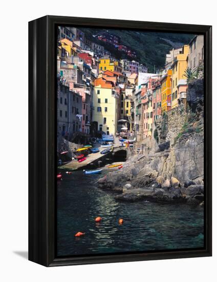 Harbor View of Hillside Town of Riomaggiore, Cinque Terre, Italy-Julie Eggers-Framed Premier Image Canvas