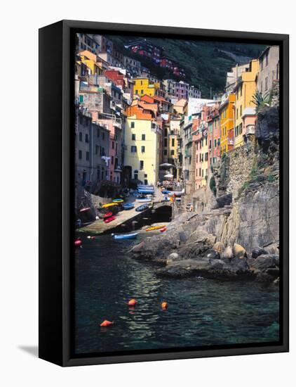 Harbor View of Hillside Town of Riomaggiore, Cinque Terre, Italy-Julie Eggers-Framed Premier Image Canvas