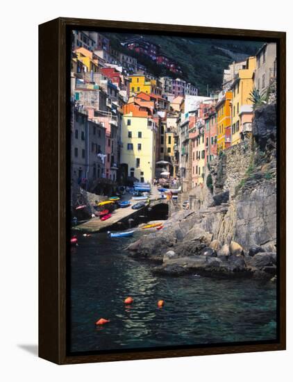 Harbor View of Hillside Town of Riomaggiore, Cinque Terre, Italy-Julie Eggers-Framed Premier Image Canvas