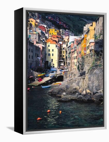 Harbor View of Hillside Town of Riomaggiore, Cinque Terre, Italy-Julie Eggers-Framed Premier Image Canvas