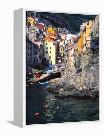 Harbor View of Hillside Town of Riomaggiore, Cinque Terre, Italy-Julie Eggers-Framed Premier Image Canvas