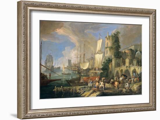 Harbor View with Bridge and Tower, and Ships, 1713-Luca Carlevaris-Framed Art Print