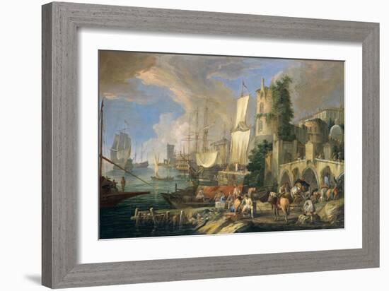 Harbor View with Bridge and Tower, and Ships, 1713-Luca Carlevaris-Framed Art Print