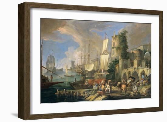 Harbor View with Bridge and Tower, and Ships, 1713-Luca Carlevaris-Framed Art Print