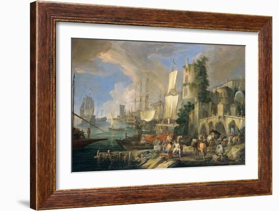 Harbor View with Bridge and Tower, and Ships, 1713-Luca Carlevaris-Framed Art Print