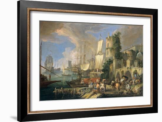 Harbor View with Bridge and Tower, and Ships, 1713-Luca Carlevaris-Framed Art Print