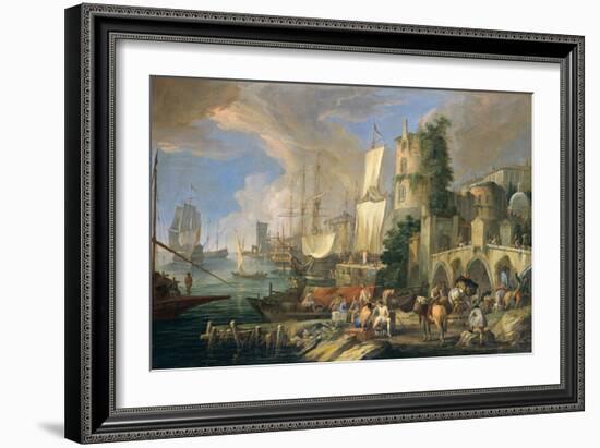 Harbor View with Bridge and Tower, and Ships, 1713-Luca Carlevaris-Framed Art Print