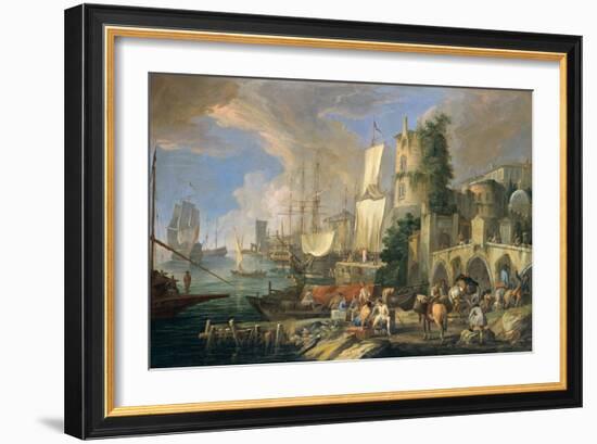 Harbor View with Bridge and Tower, and Ships, 1713-Luca Carlevaris-Framed Art Print