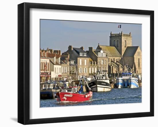 Harbour and Fishing Boats With Houses and Church in the Background, Barfleur, Normandy, France-Guy Thouvenin-Framed Photographic Print