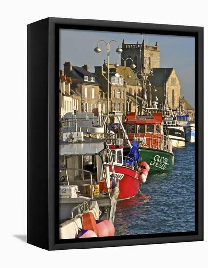 Harbour and Fishing Boats With Houses and Church in the Background, Barfleur, Normandy, France-Guy Thouvenin-Framed Premier Image Canvas