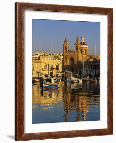Harbour with Luzzu Fishing Boats and Marsaxlokk Parish Church at Sunrise, Marsaxlokk, Malta, Medite-Stuart Black-Framed Photographic Print