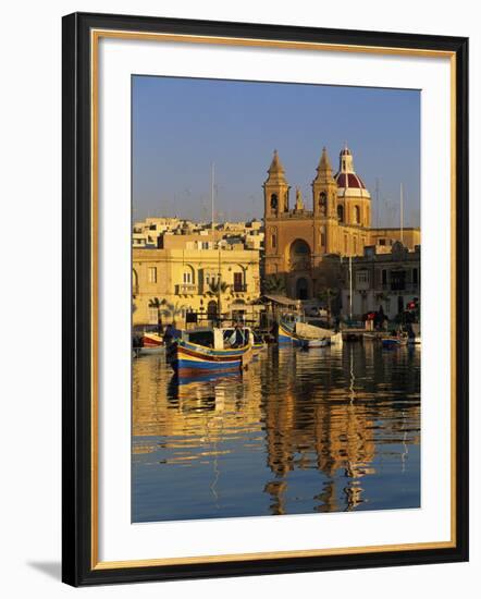 Harbour with Luzzu Fishing Boats and Marsaxlokk Parish Church at Sunrise, Marsaxlokk, Malta, Medite-Stuart Black-Framed Photographic Print