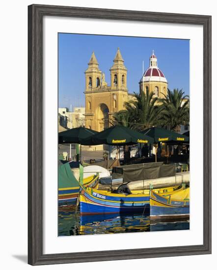 Harbour with Luzzu Fishing Boats and Marsaxlokk Parish Church, Marsaxlokk, Malta, Mediterranean, Eu-Stuart Black-Framed Photographic Print