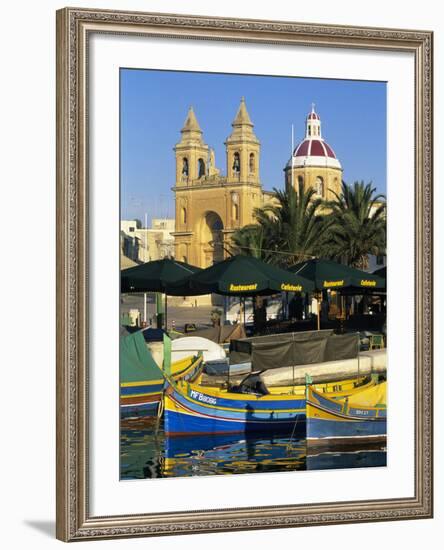 Harbour with Luzzu Fishing Boats and Marsaxlokk Parish Church, Marsaxlokk, Malta, Mediterranean, Eu-Stuart Black-Framed Photographic Print