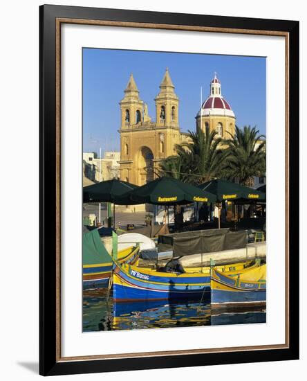 Harbour with Luzzu Fishing Boats and Marsaxlokk Parish Church, Marsaxlokk, Malta, Mediterranean, Eu-Stuart Black-Framed Photographic Print