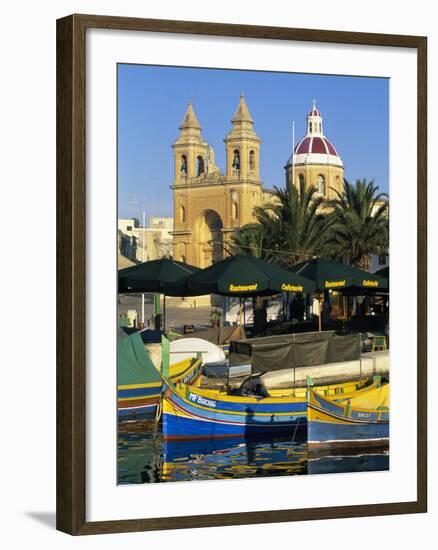 Harbour with Luzzu Fishing Boats and Marsaxlokk Parish Church, Marsaxlokk, Malta, Mediterranean, Eu-Stuart Black-Framed Photographic Print