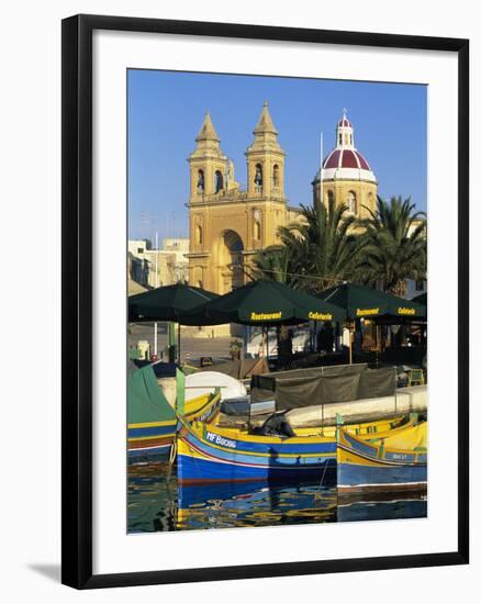 Harbour with Luzzu Fishing Boats and Marsaxlokk Parish Church, Marsaxlokk, Malta, Mediterranean, Eu-Stuart Black-Framed Photographic Print